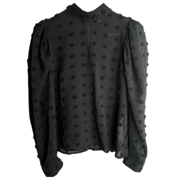 Zara Tops - ZARA Semi Sheer Pompom Polka Dot Long Sleeve Puff Shoulder Blouse Black Size XS